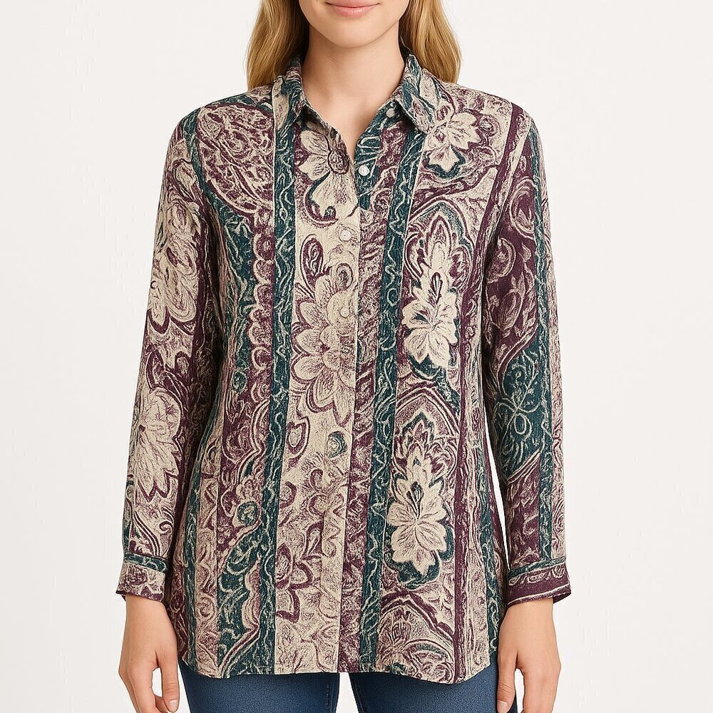 Chico's Tunic Size Extra Large Button Down Boho Purple Paisley Artsy Whimsygoth